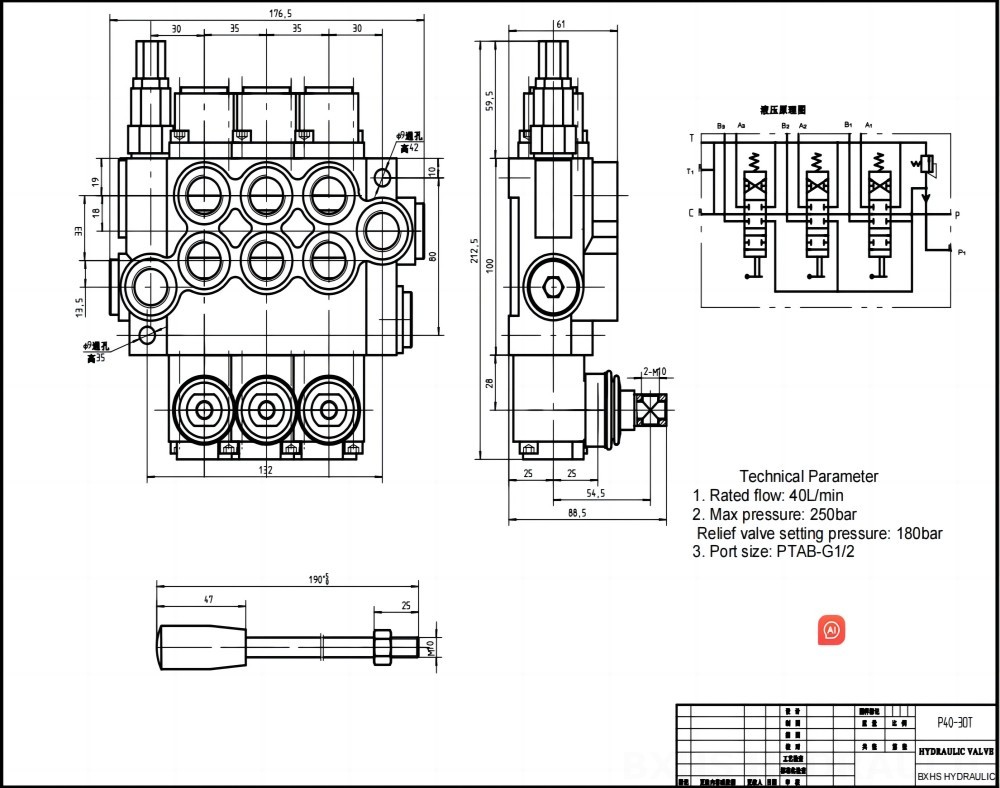 P40 Manuaalinen 3 jakajaa Monoblokki suuntaventtiili drawing image