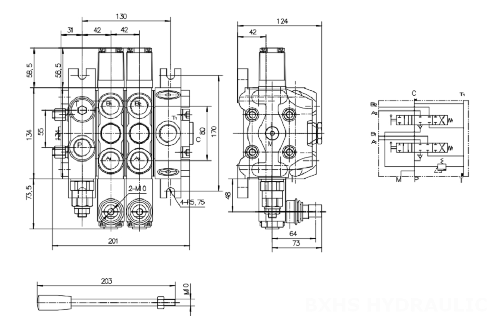 DCV100 Manuaalinen 2 jakajaa Suuntaventtiili drawing image