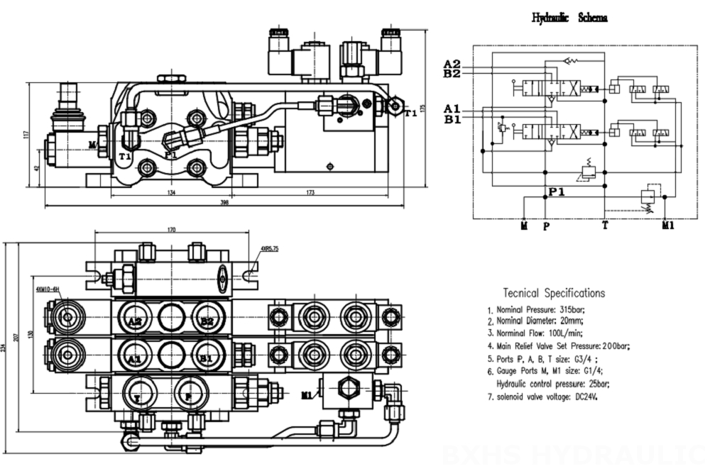 DCV100 Elektrohydraulinen 2 jakajaa Suuntaventtiili drawing image