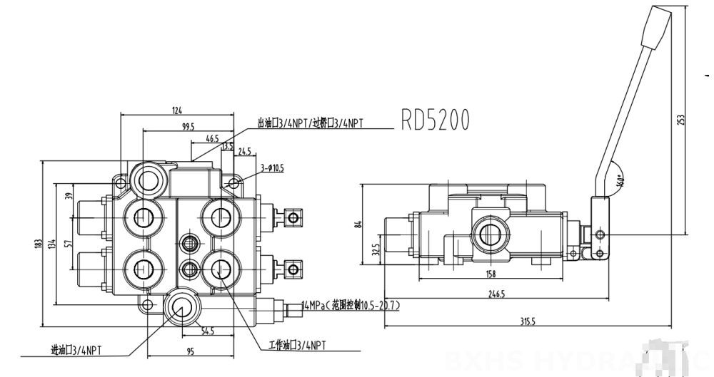 RD5200 Manuaalinen 2 jakajaa Hydraulinen ohjausventtiili drawing image