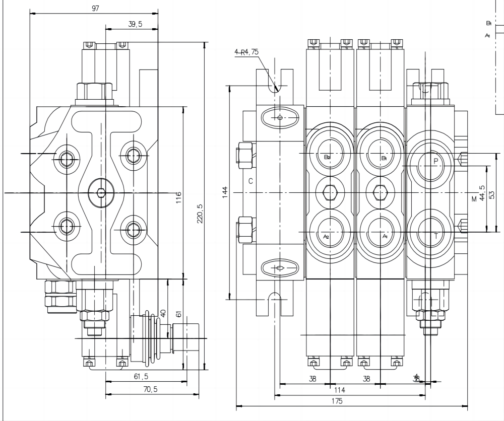 DCV60 Manuaalinen 2 jakajaa Suuntaventtiili drawing image