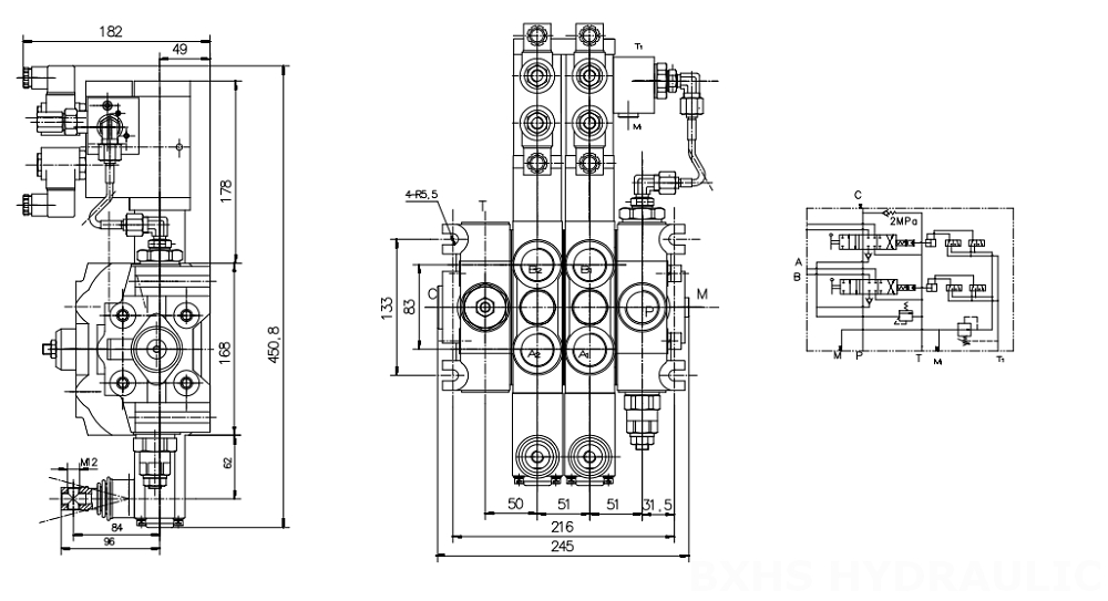 DCV200 Elektrohydraulinen 2 jakajaa Suuntaventtiili drawing image