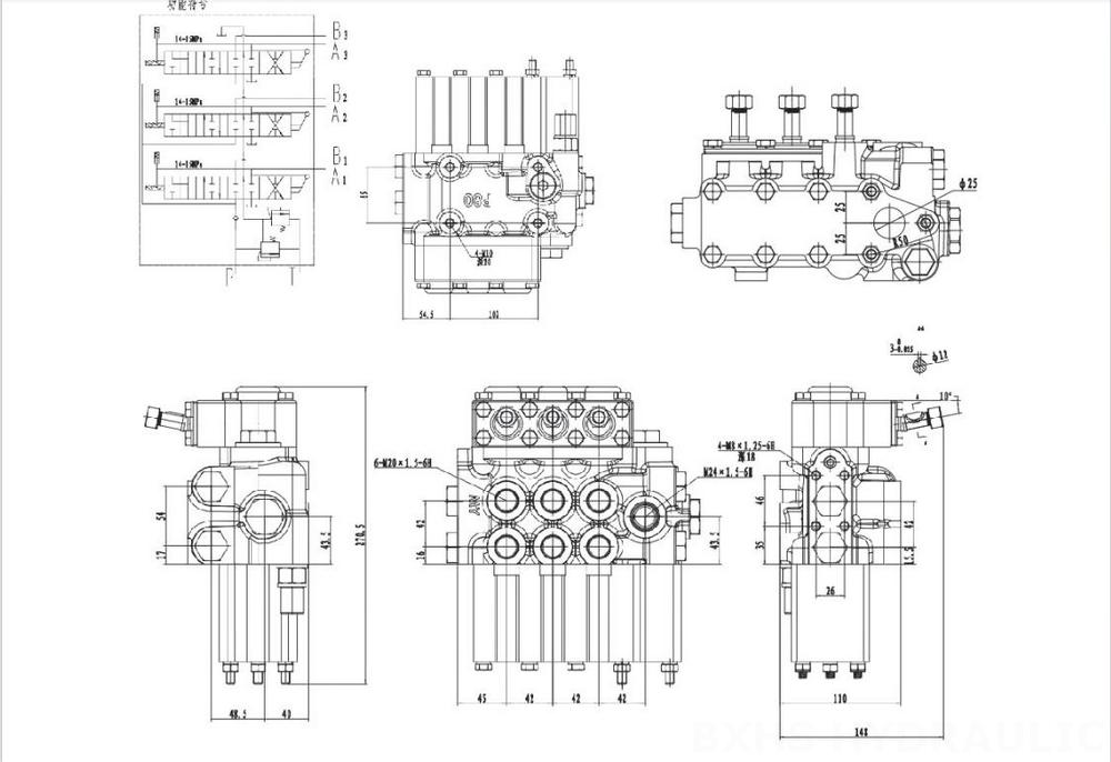 MP80 Manuaalinen 3 jakajaa Hydrauliikkaventtiili drawing image