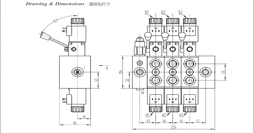 DCV58 Solenoidi ja manuaalinen 3 jakajaa Suuntaventtiili drawing image