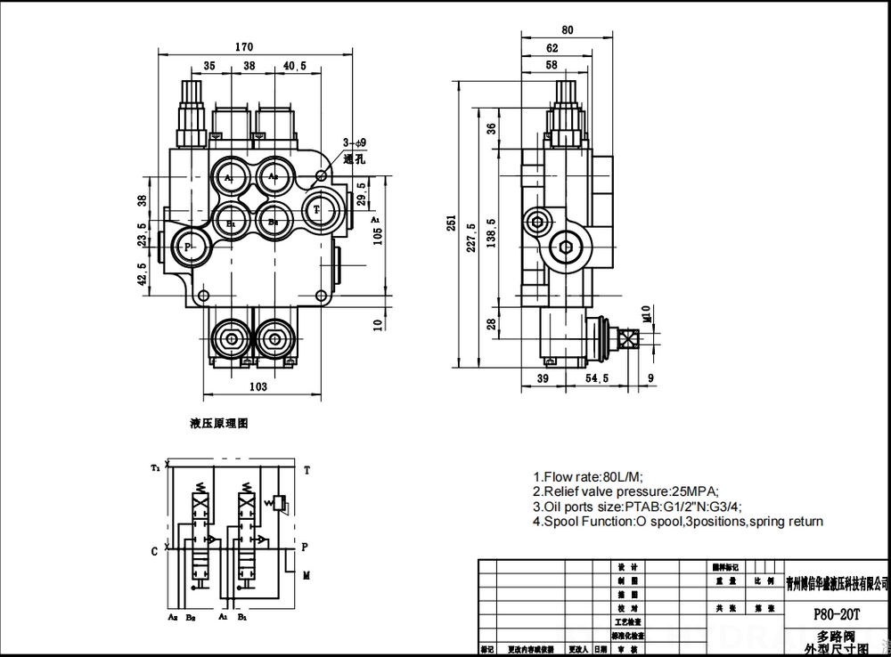 P80A Manuaalinen 2 jakajaa Monoblokki suuntaventtiili drawing image