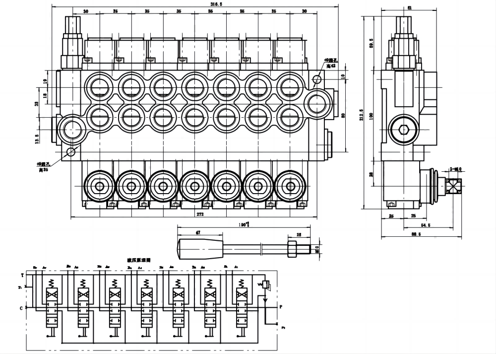 P40-G12-7OT Manuaalinen 7 jakajaa Monoblokki suuntaventtiili drawing image