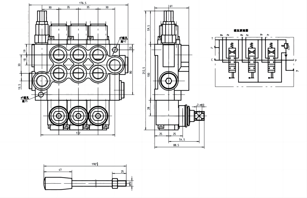 P40-G38-G12-OT-OT-OT Manuaalinen 3 jakajaa Monoblokki suuntaventtiili drawing image