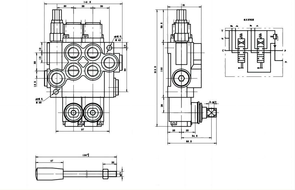 P40-G12-G38-OT Manuaalinen 2 jakajaa Monoblokki suuntaventtiili drawing image