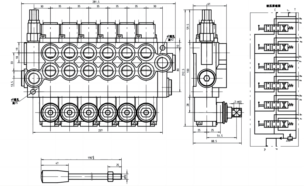 P40-U34 Manuaalinen 6 jakajaa Monoblokki suuntaventtiili drawing image