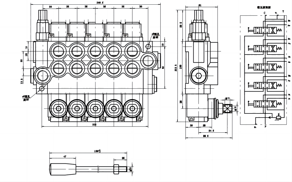 P40-U34-U78 Manuaalinen 5 jakajaa Monoblokki suuntaventtiili drawing image