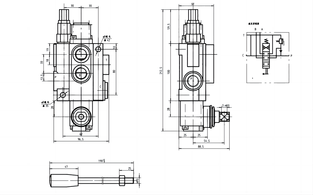 P40-U34 Manuaalinen 1 jakaja Monoblokki suuntaventtiili drawing image