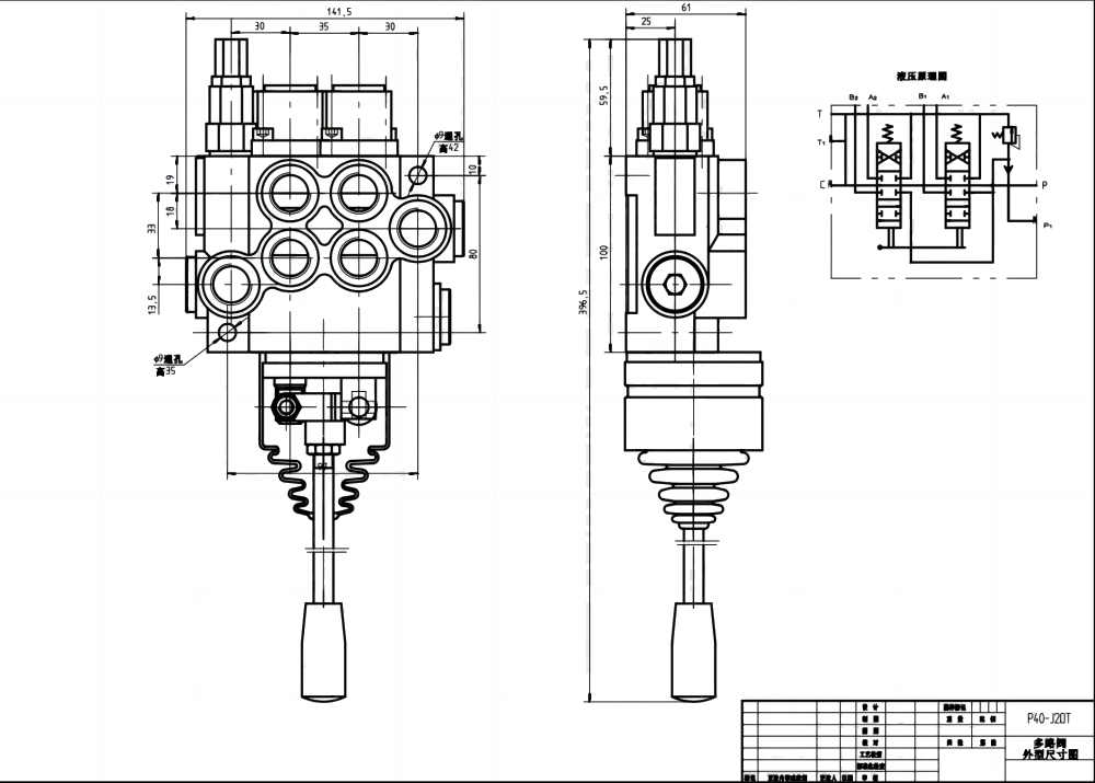 P40 Ohjaussauva ja manuaalinen 2 jakajaa Monoblokki suuntaventtiili drawing image