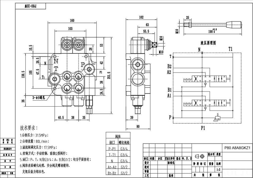 P80-G12-G34-OW Manuaalinen 2 jakajaa Monoblokki suuntaventtiili drawing image