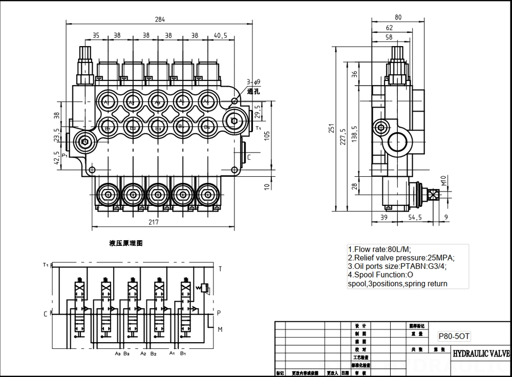 P80-G12-G38-OW Manuaalinen 5 jakajaa Monoblokki suuntaventtiili drawing image