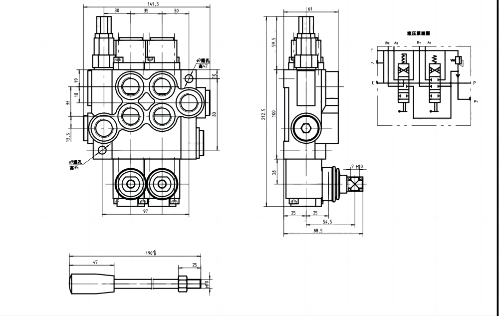 P40-U78-U34-OT-YW Manuaalinen 2 jakajaa Monoblokki suuntaventtiili drawing image