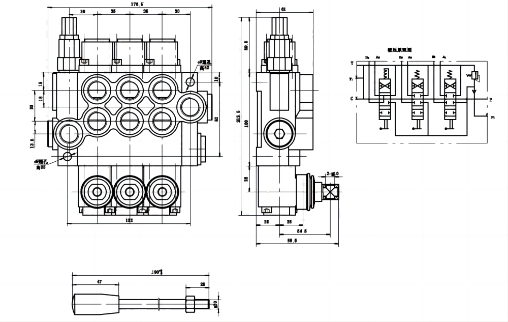 P40-U78-U34-2OT-YW Manuaalinen 3 jakajaa Monoblokki suuntaventtiili drawing image