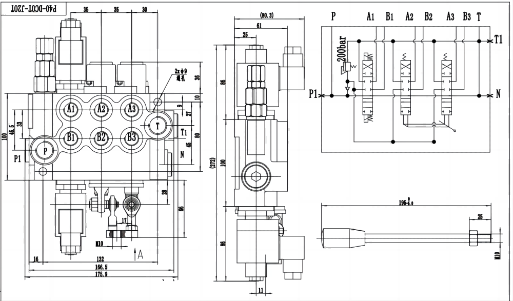 P40 Solenoidi ja ohjaussauva 3 jakajaa Monoblokki suuntaventtiili drawing image