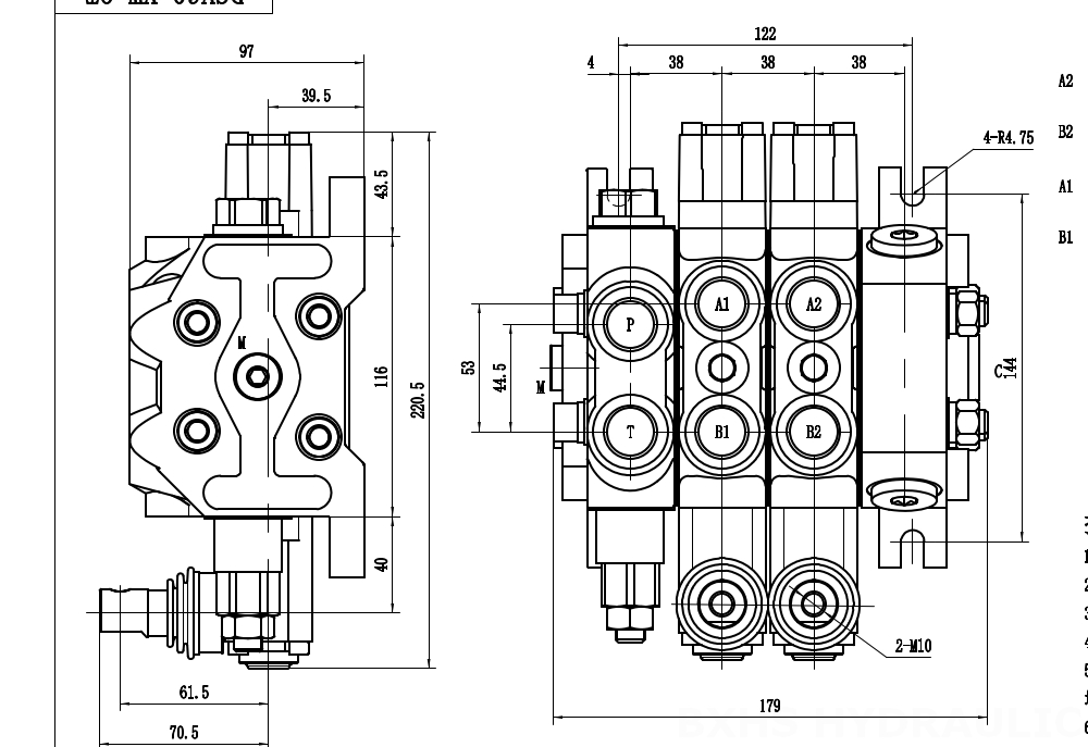 DCV60-Double control Manuaalinen 2 jakajaa Suuntaventtiili drawing image