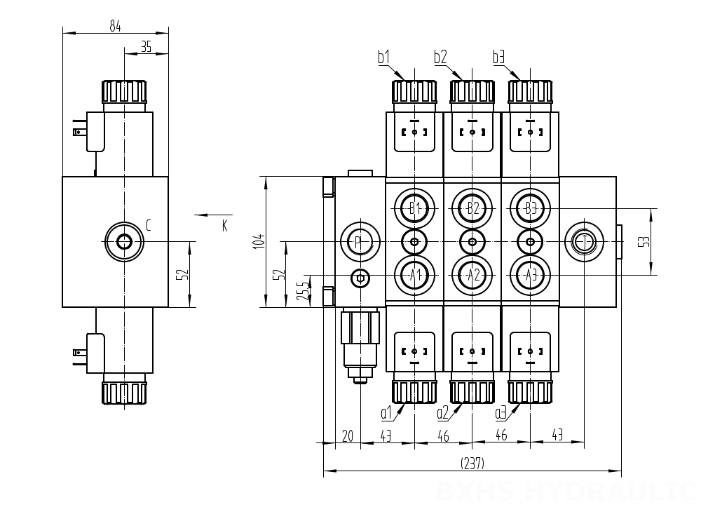 DCV58 Solenoidi 3 jakajaa Suuntaventtiili drawing image