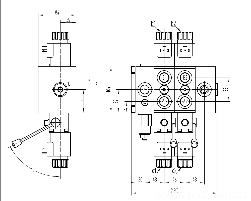 DCV58 Solenoidi 2 jakajaa Suuntaventtiili drawing image