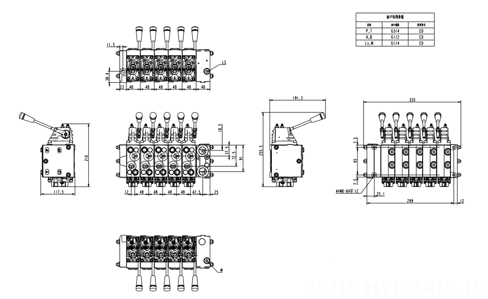 HSDSL Sähköinen verrannollinen ja manuaalinen 6 jakajaa Proportionaaliventtiili drawing image