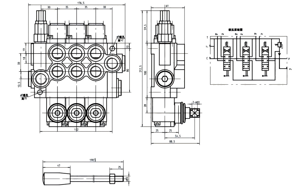 P40-G12 Manuaalinen 3 jakajaa Monoblokki suuntaventtiili drawing image