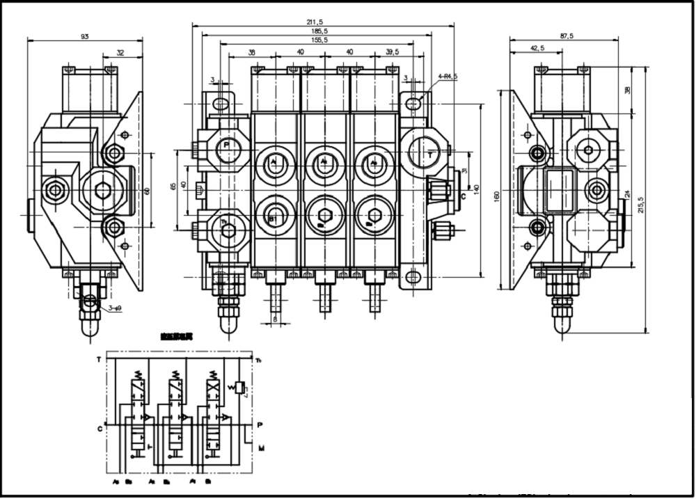 HSDS15 Manuaalinen 3 jakajaa Monoblokki suuntaventtiili drawing image