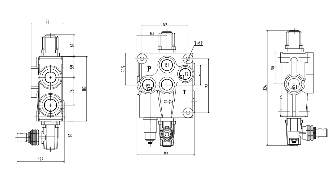 P120-G1 Manuaalinen 1 jakaja Monoblokki suuntaventtiili drawing image