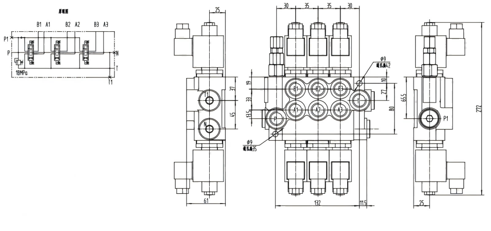 P40-DKL Solenoidi 3 jakajaa Monoblokki suuntaventtiili drawing image