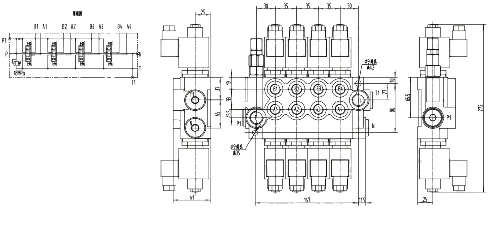 P40-DKL Solenoidi 4 jakajaa Monoblokki suuntaventtiili drawing image