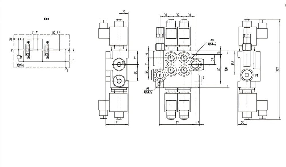 P40-DKL Solenoidi 2 jakajaa Monoblokki suuntaventtiili drawing image