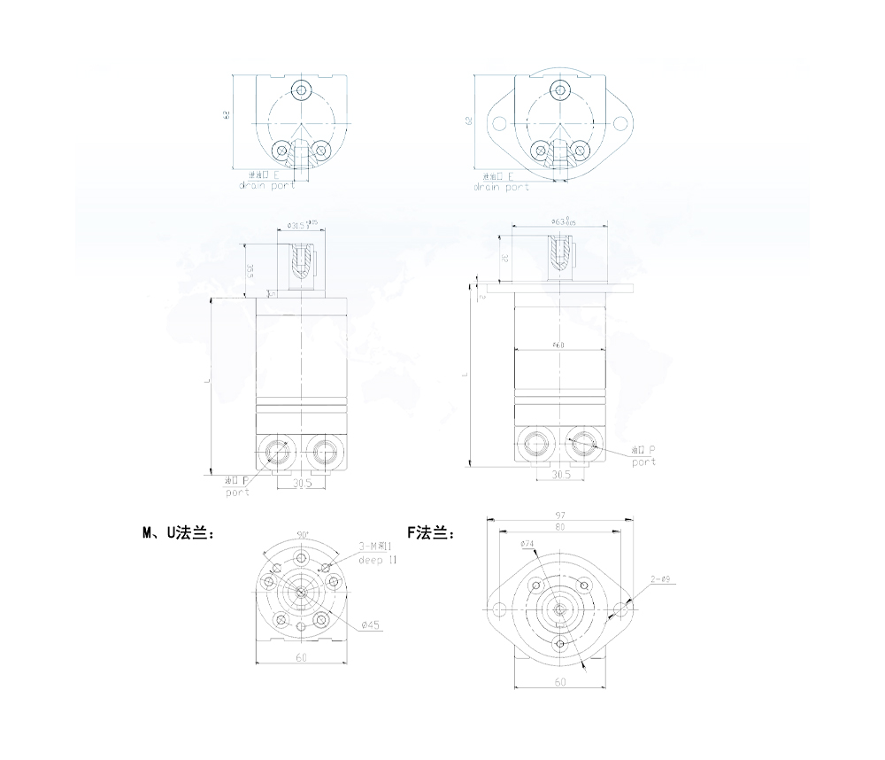 BMM_sykloidihydraulimoottori 8 cc/kierros 14 l/min Hydraulimoottori drawing image
