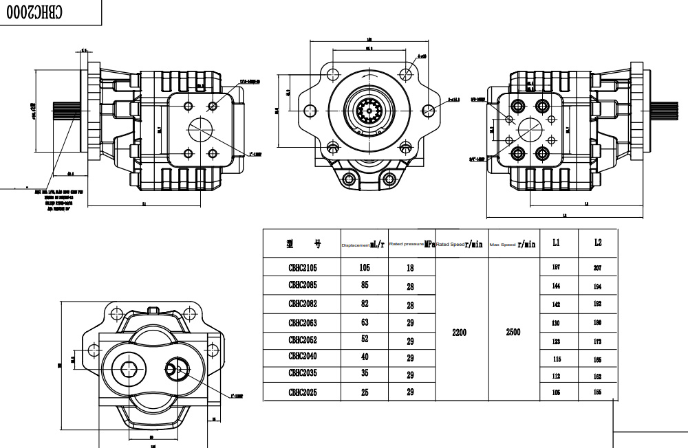 CBHC-2082 82 cm³/kierros 28 MPa (4061 psi) Hydraulinen hammaspyöräpumppu drawing image