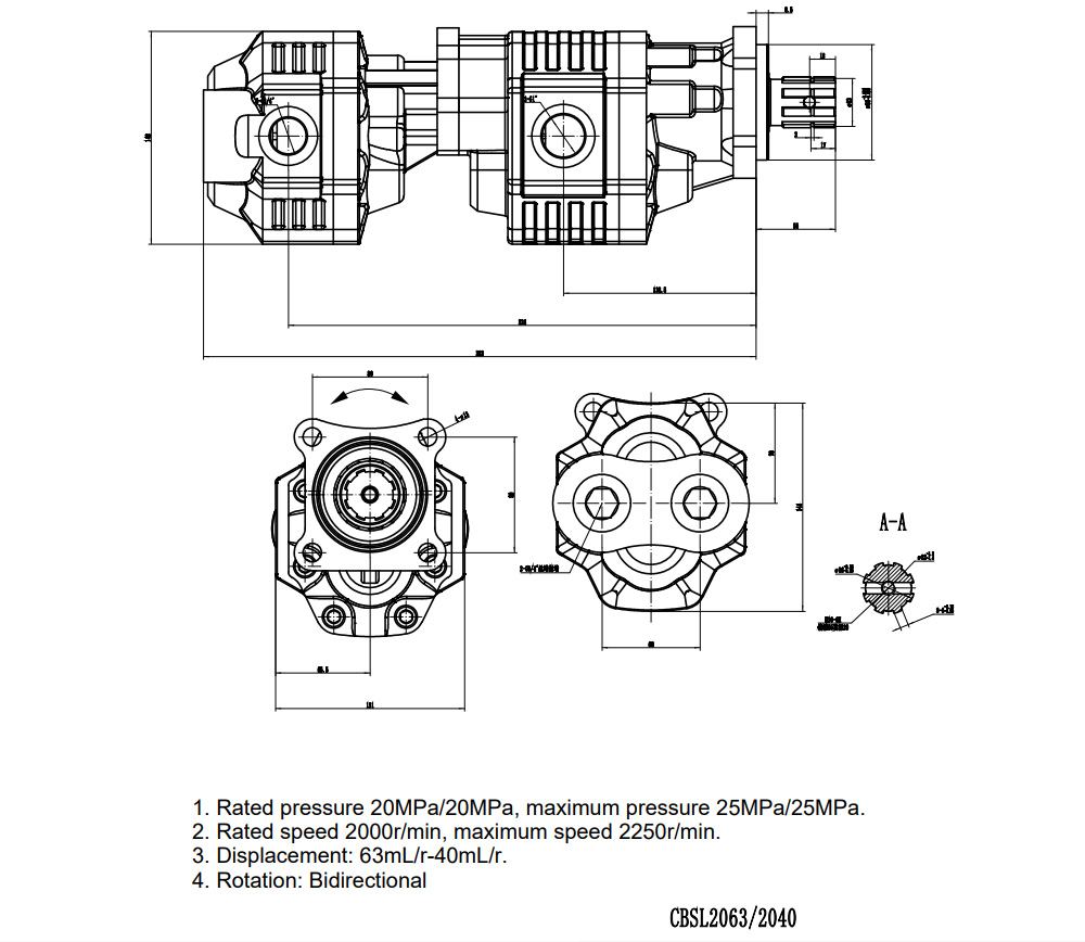 CBSL-2063-2040 63 cm³/kierros 20 MPa (2900 psi) Hydraulinen hammaspyöräpumppu drawing image