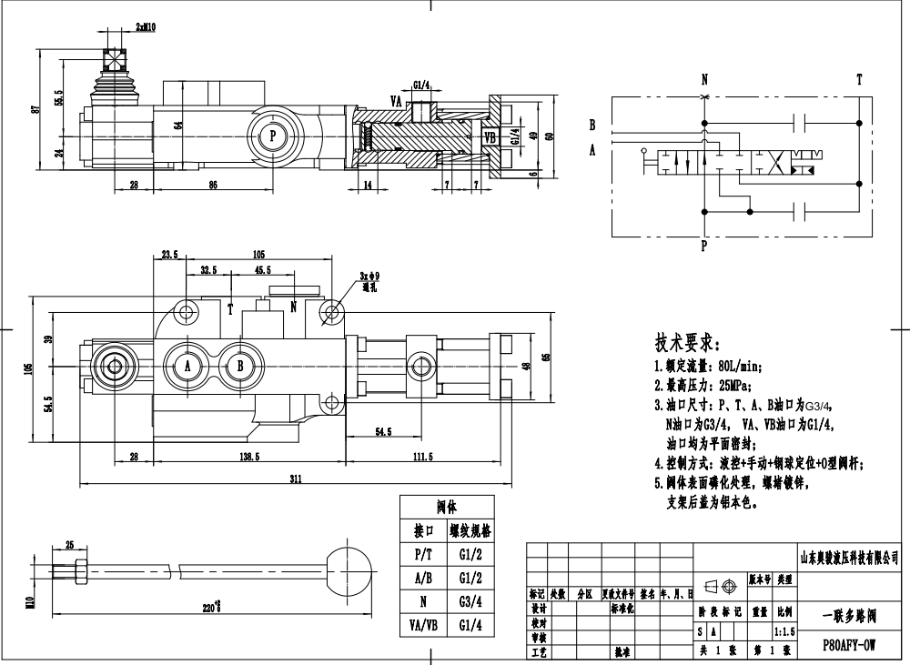 P80F-G34 Hydraulinen 1 jakaja Monolohkoinen suuntaventtiili drawing image