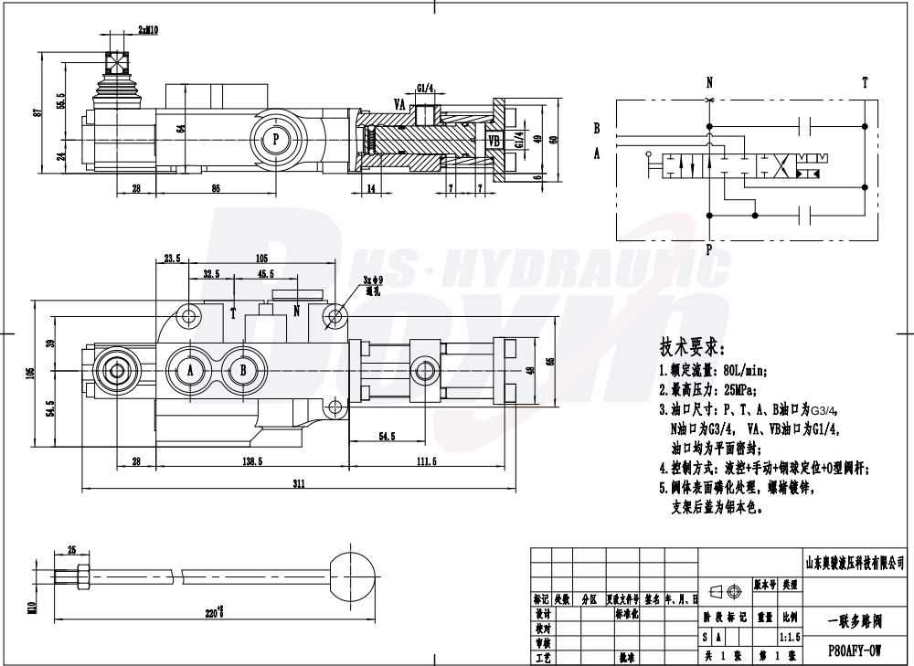 P80AFY-OW-G34 Hydraulinen 1 kela Monolohkoinen suuntaventtiili drawing image