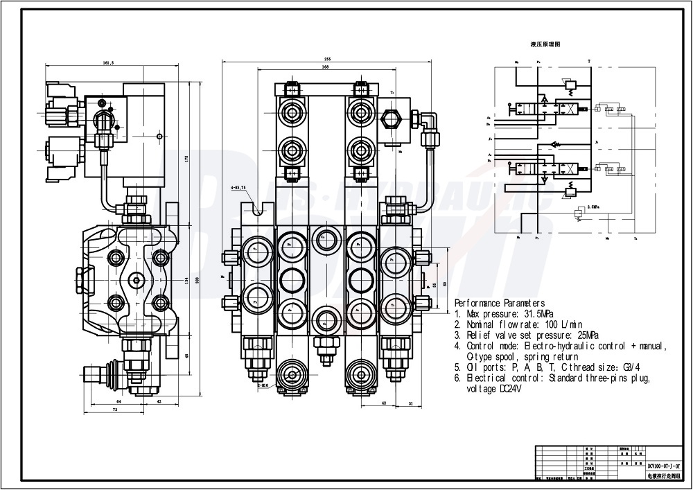 DCV100-OT-J-OT Elektrohydraulinen 2 kelaa Suuntaventtiili drawing image