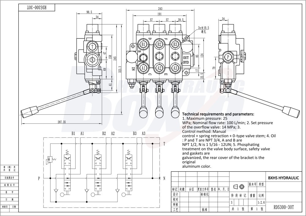 Global Distributors and Wholesalers Wanted for RD5300NPT-3OT Manual 3 Spool Hydraulic Valve drawing image
